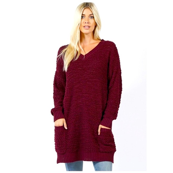 BNWT V neck Popcorn Sweater, Burgundy - Picture 1 of 6